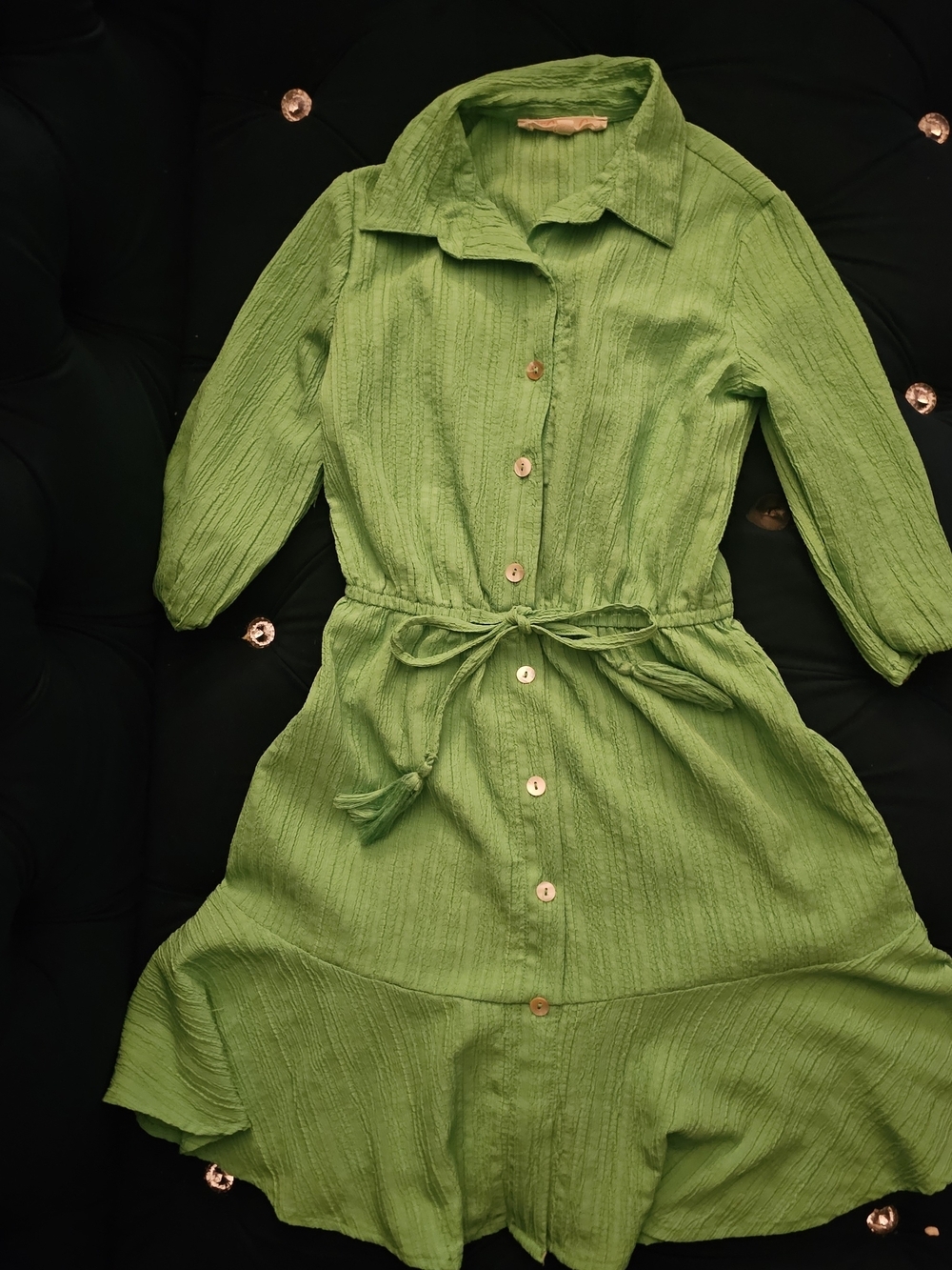 Blush Green Button-Front Midi Shirt Dress with Tie Waist Size S/7 Kids